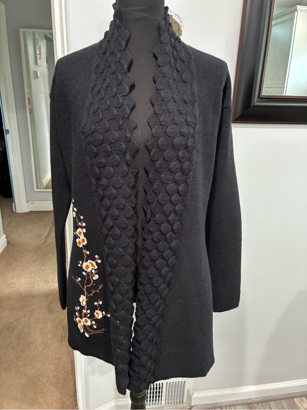 Simply Couture Black Open-Front Cardigan with Floral Embroidery